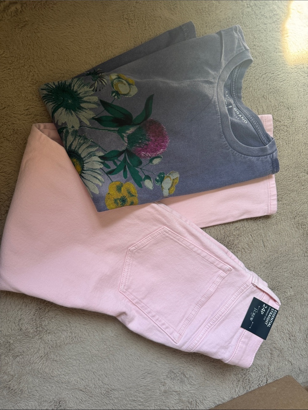 J. Crew Pink Straight-Leg Jeans with Floral Gray Tee